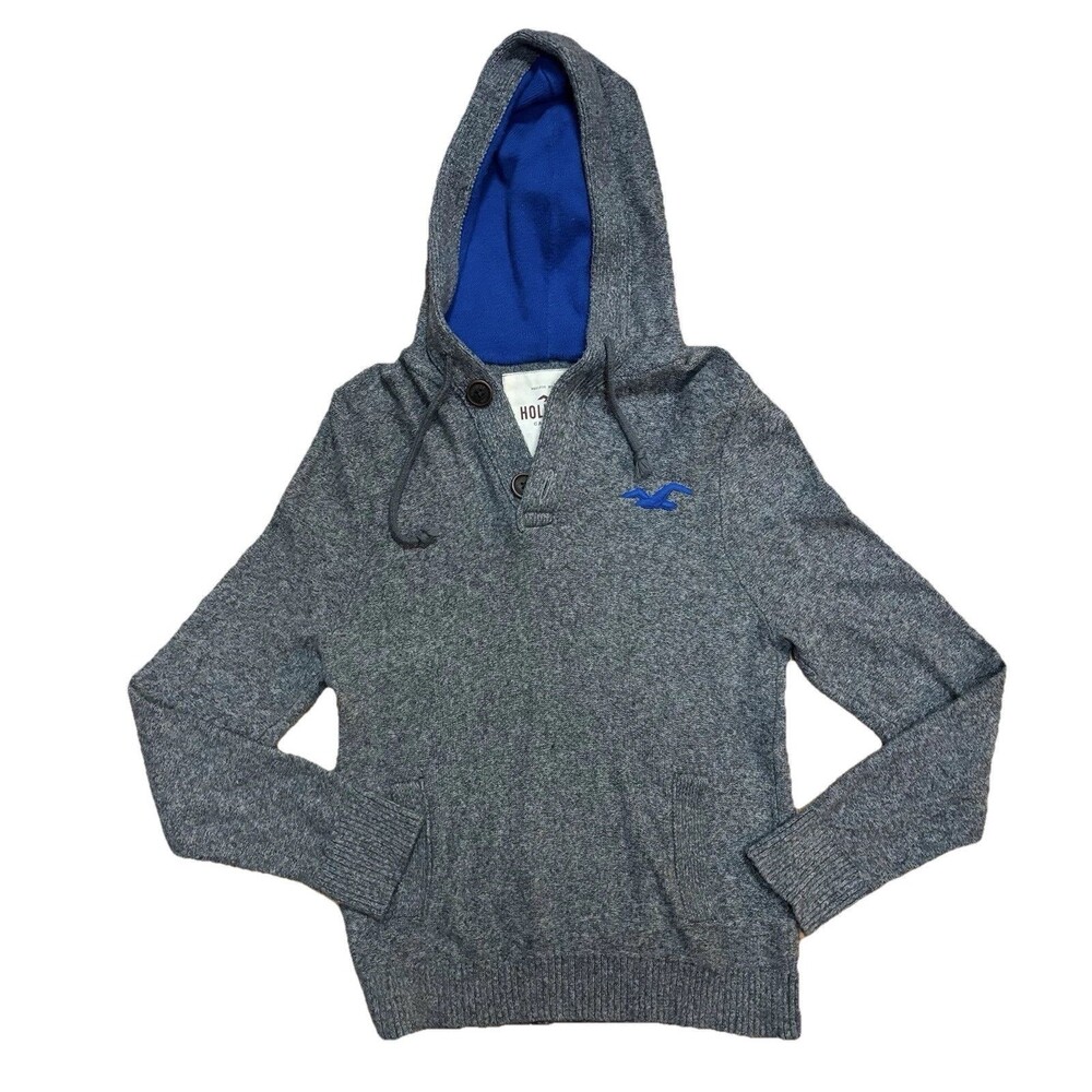 Hollister Mens Gray Blue Hooded Sweater Size Large Button neck Unisex Soft Hoodi
